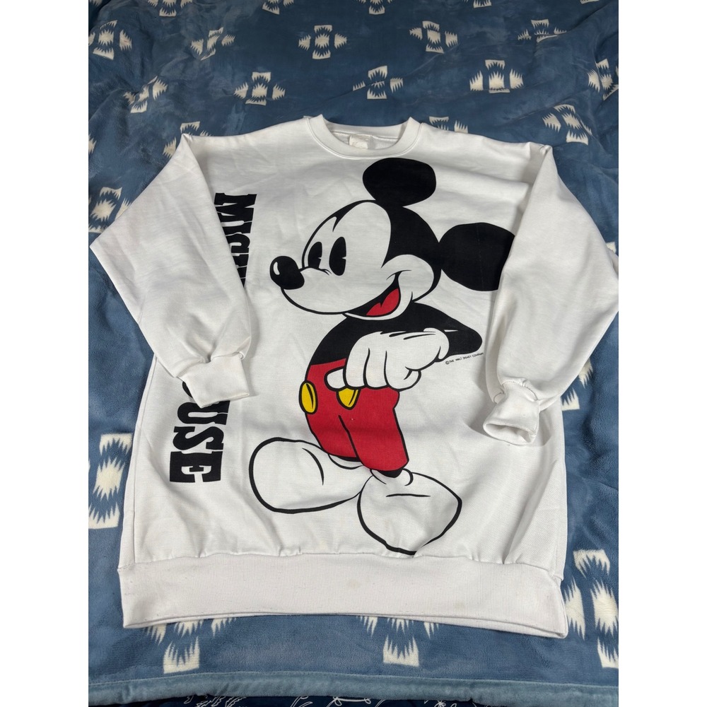 Vintage Hanes Mickey Mouse Sweatshirt White Disney Graphic Pullover L/XL